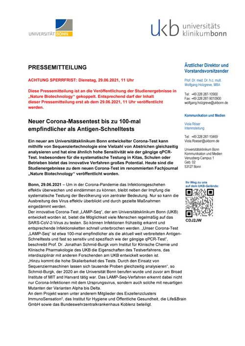 Die Vorschau eines PDF-Dokuments der Pressemittelung über den neuen Corona-Massentest von LAMPseq am Standort der Uniklinik Bonn